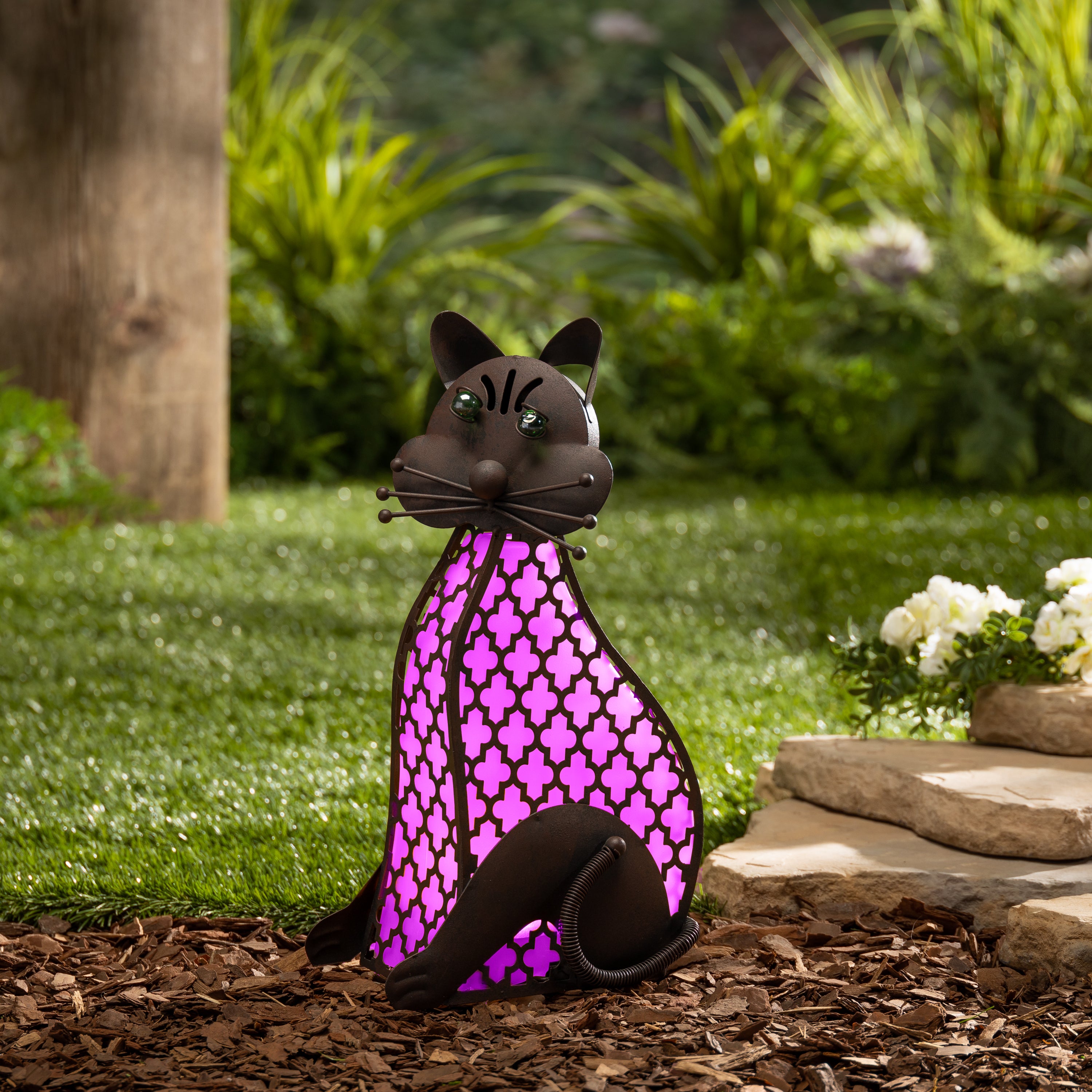 15.5 Inch Solar Lighted Outdoor Garden Meadow Pink Cat